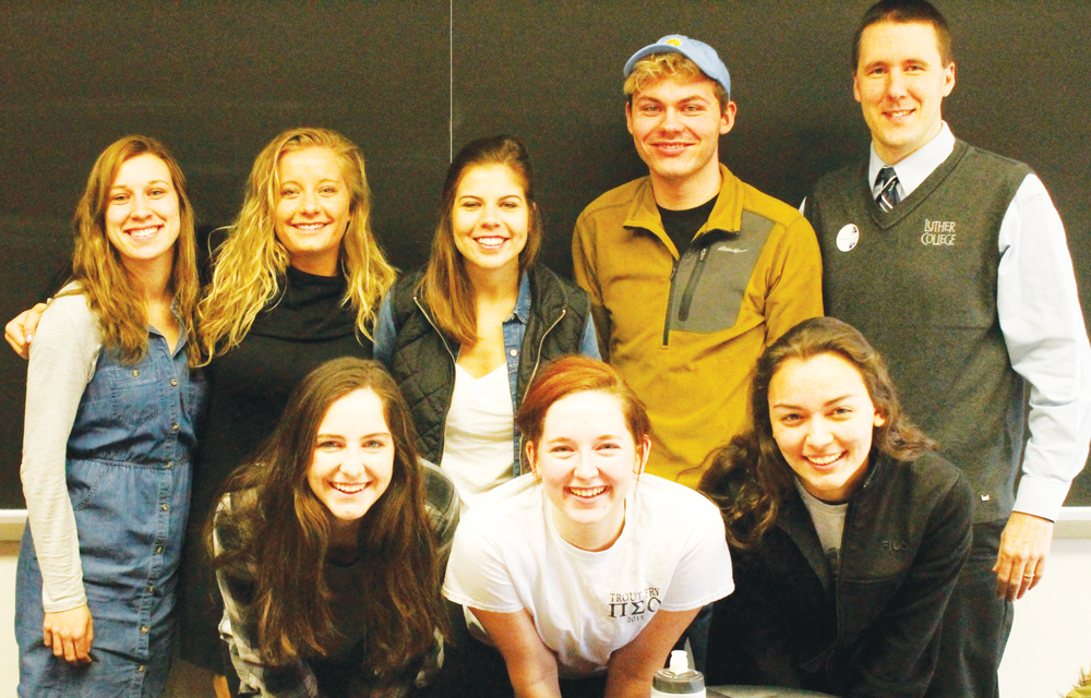 (top row from left) Hannah Maxa ('17) , Natalie Cote ('19), Lydia Nelson ('17), Luke Emerson ('19), Matt Bills. (bottom row from left) Jenny Hickey ('19), Brigid Burke ('18), Catelyn Janda ('18).