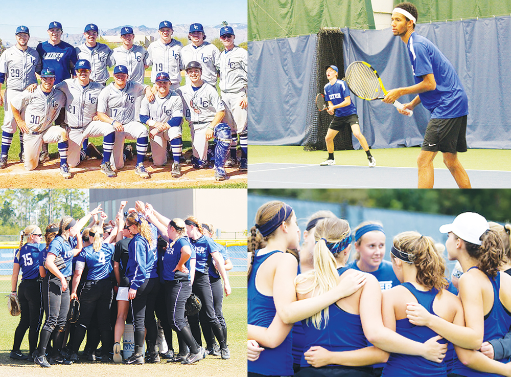 (Clockwise from top left) The baseball team poses before a game in Arizona; Jake Smith (‘19) and Kenny Goins (‘17) play doubles earlier in the season; Women’s tennis team huddles up during a match earlier in the season; Softball team huddles up before a game.