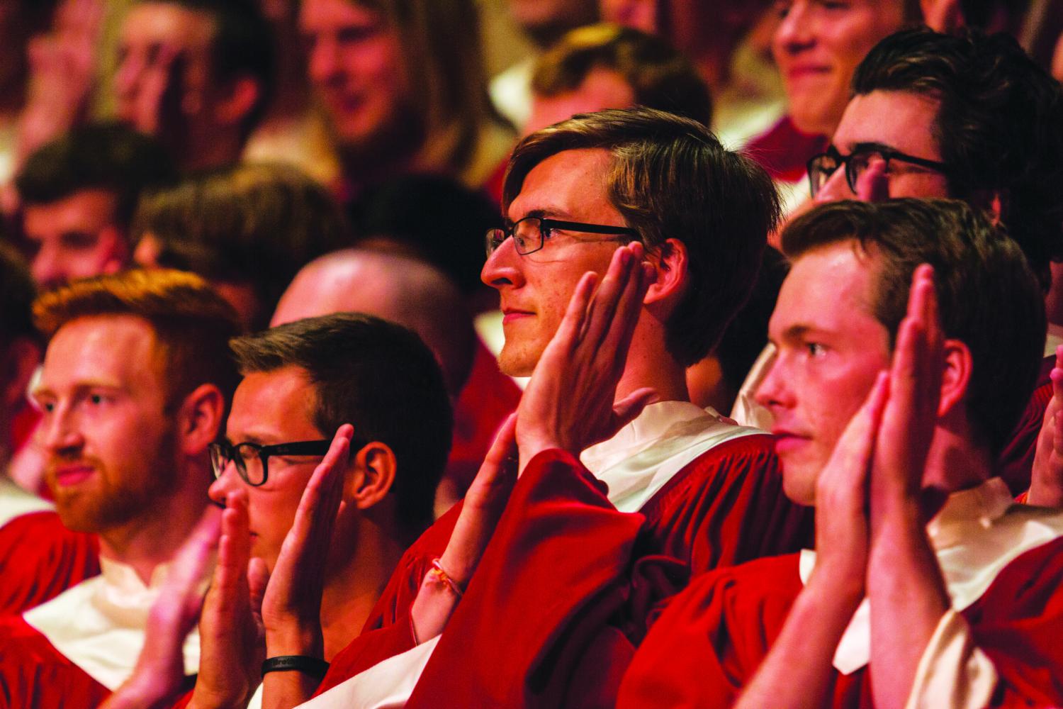 Isaac Ashby (‘18), Ellliot Douma (‘19), Jared Barnes (‘18), and Chris O’Connell (‘18) perform “Ritmo” with Collegiate Chorale.
