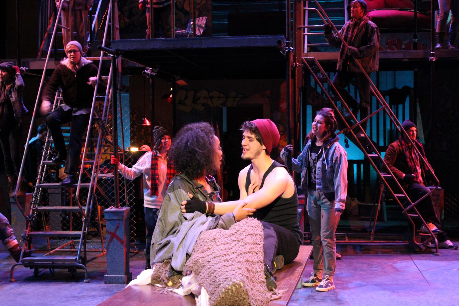 Tamar Tedla (‘20) and Parker Fretheim (‘19) perform the closing song in “RENT” together as Mimi Marquez and Roger Davis.