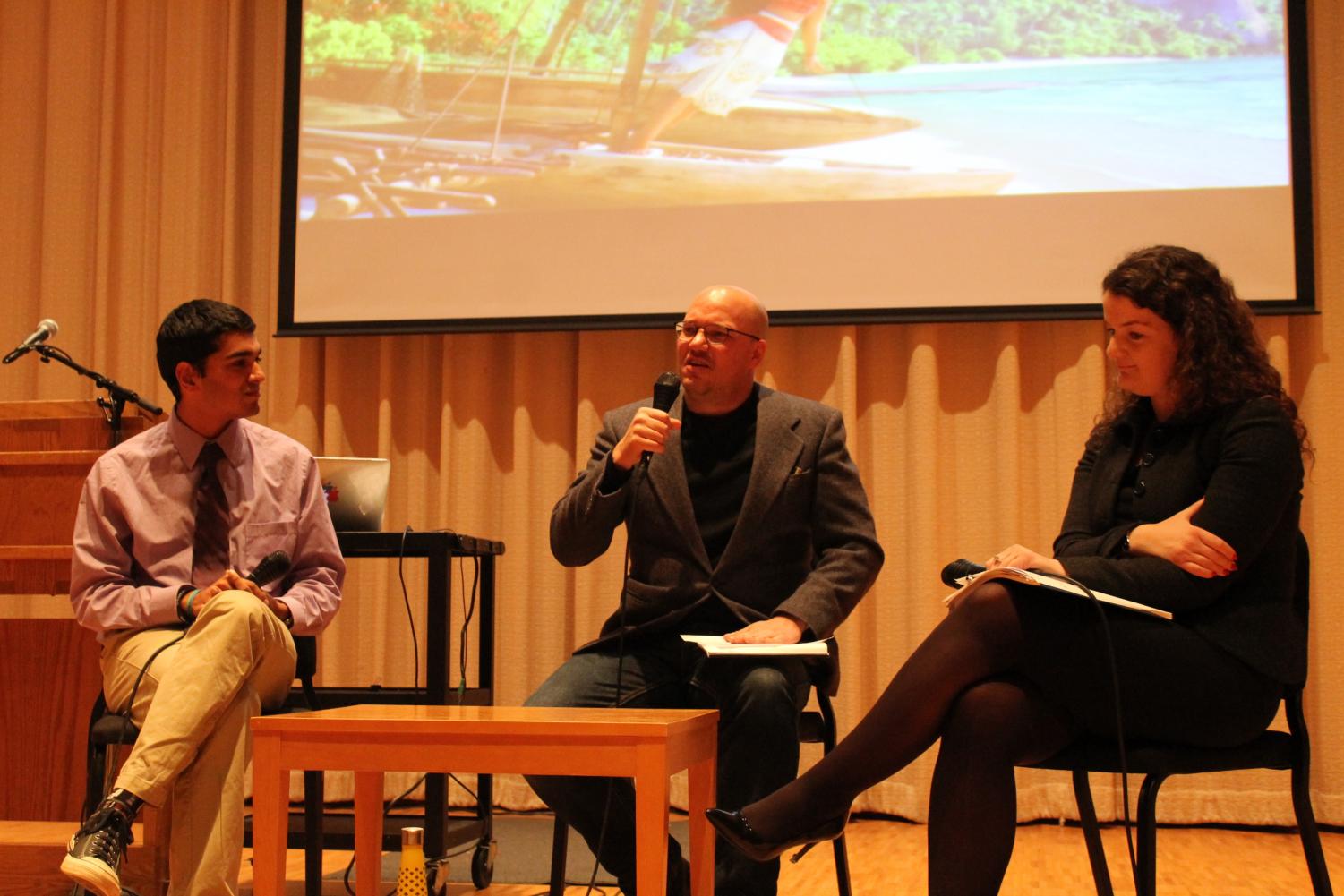 Jordan Boge (‘18), Visiting Assistant Professor of Philosophy Peter Nekola, and Associate Professor of French Anne-Marine Feat discuss minority representation.