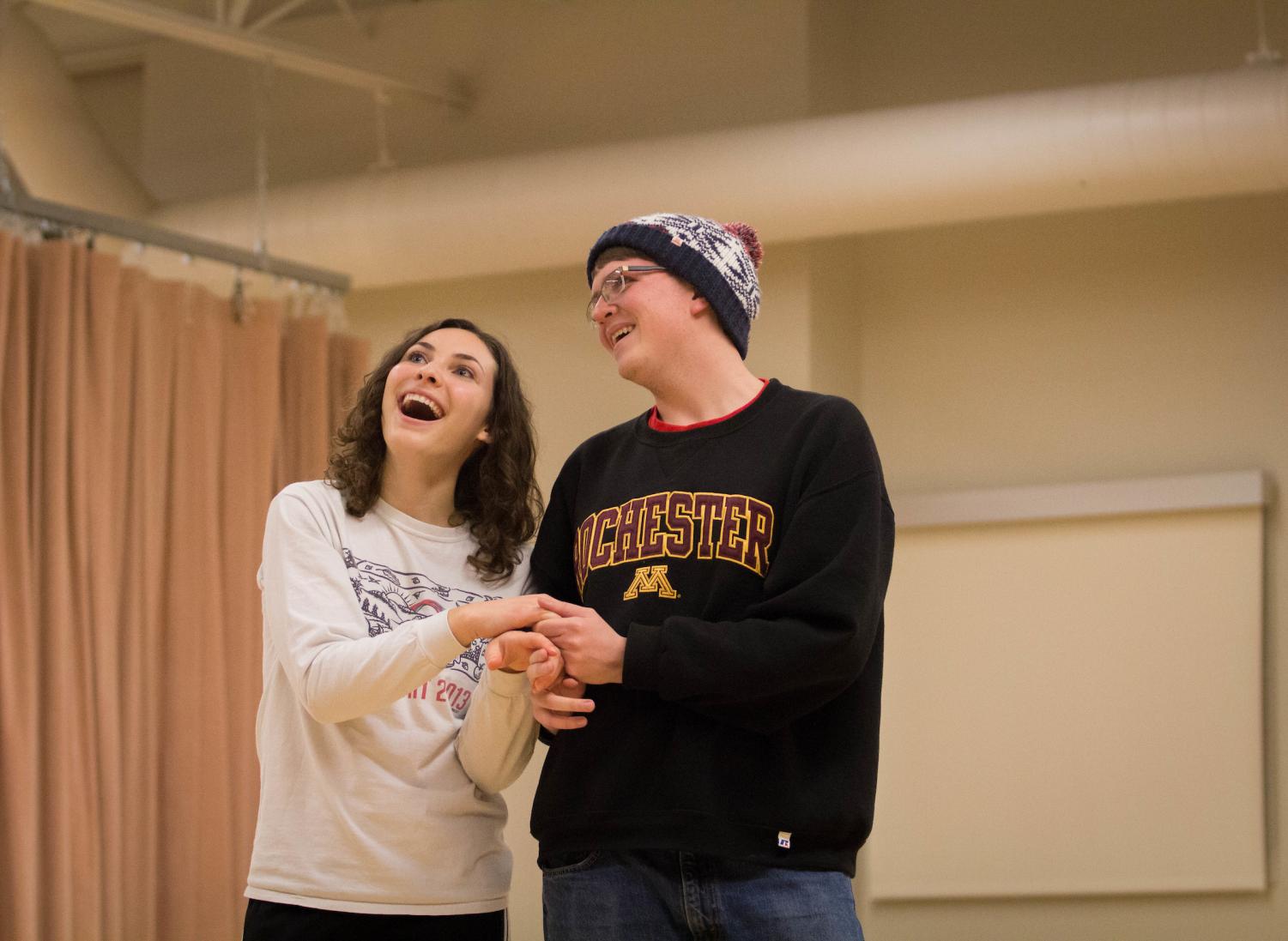Annika Peterson (‘19) and Karl Nycklemoe (‘18) show affection during a scene.
