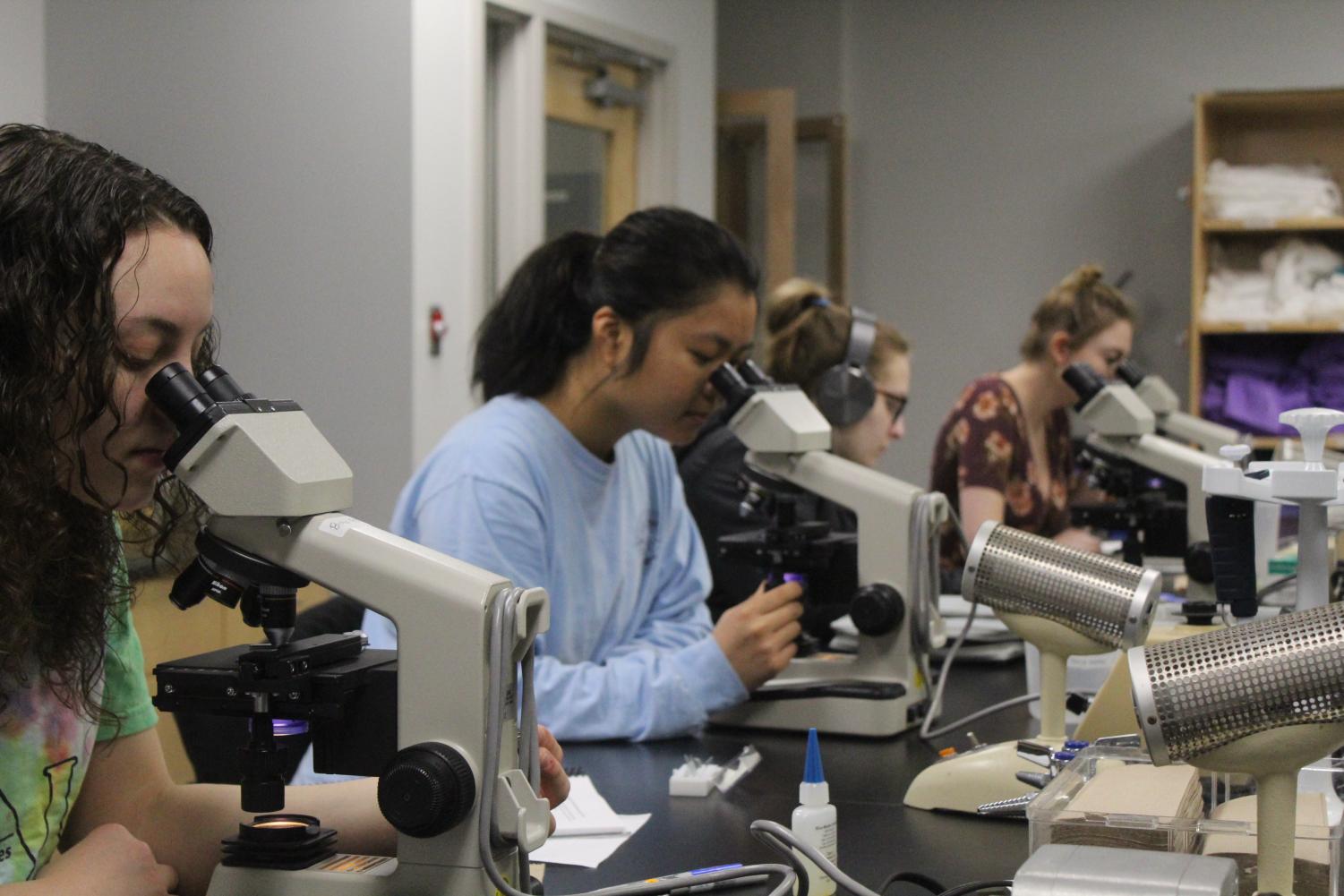 Emily Fuller ('19), Linh Luong ('20), Jenna Reimann ('20), and Cosette Schneider ('20) work with microscopes.