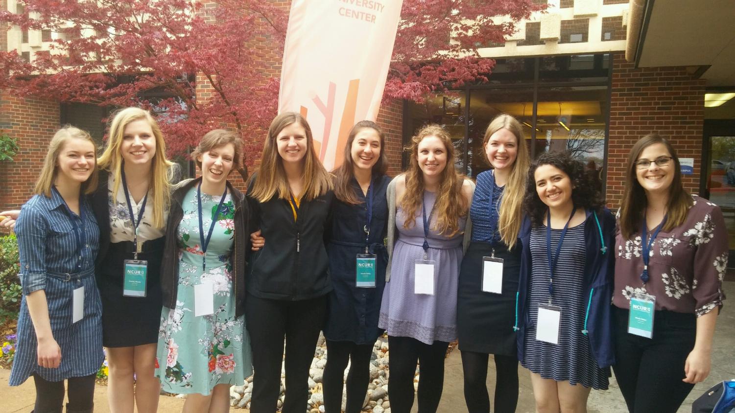 Marta Williams ('19), Cassidy Woods ('18), Lily Kime ('19), Kelly Kennedy ('18), Ananda Easley ('19), Katie Patyk ('18), Kaitlyn Buls ('19), Laila Sahir ('18), and Nicole Weber ('18) attend the National Conference on Undergraduate Research in Oklahoma.
