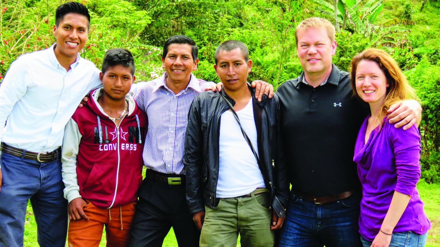 Left to right: Ervin Liz (‘17), his neighbor Manuel Andela, Ervin Liz’s father Isidro Liz, Colombian Coffee Connection’s main farmer Misael Muse, Jon Baklund, and Tara Baklund.