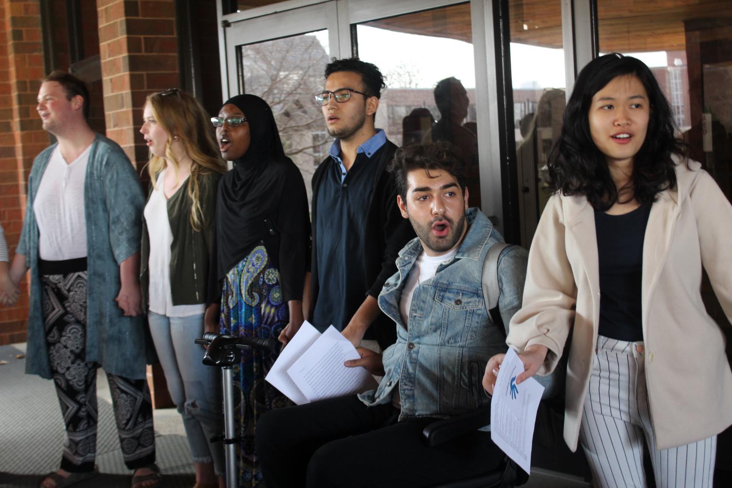 Matthew Espey (‘19), Rebecka Green (‘19), Asha Aden (‘20), Juan Pablo Velásquez Quiroga (‘21), Mikayel Simonyan (‘20), and Faye Lee (‘20) sing at the CFL prayer vigil.