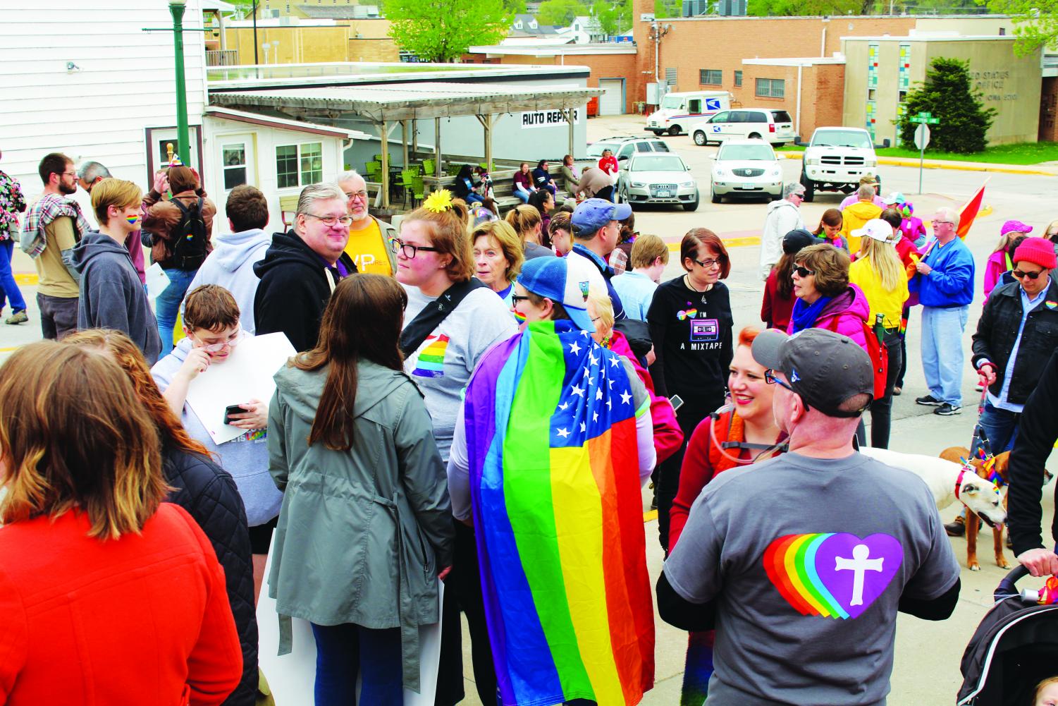 A crowd of people at the Party in the Park portion of Decorah Pride on Saturday, May 12.