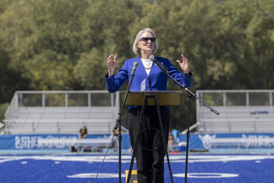 President Carlson speaks at the dedication of Carlson Stadium and Legacy Field. 