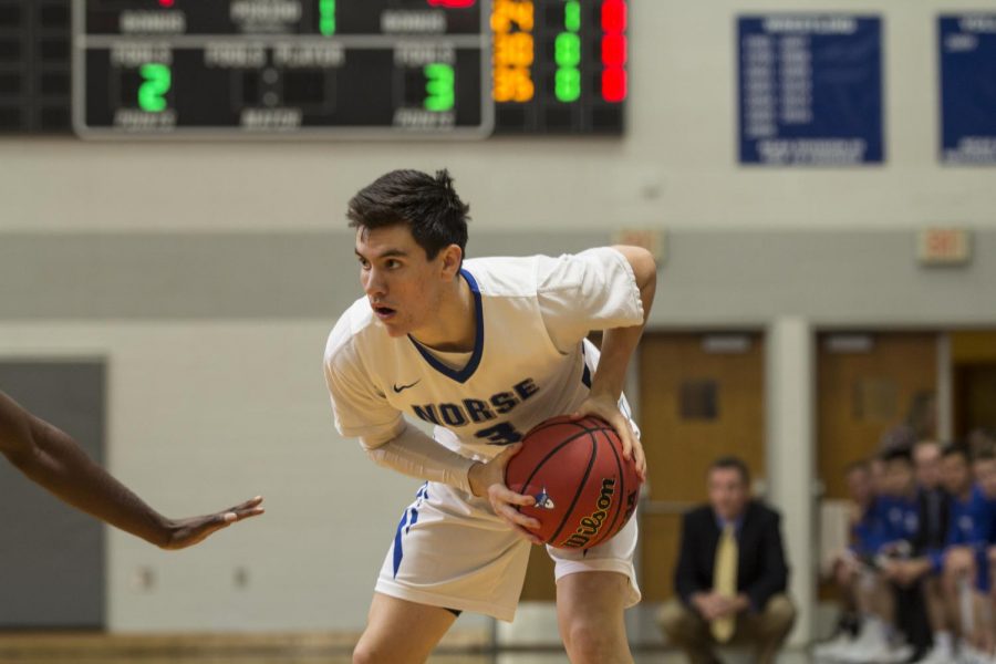 Jared Nicolaisen (‘19) sets up for a shot during the 2017 season game against Wartburg  College.