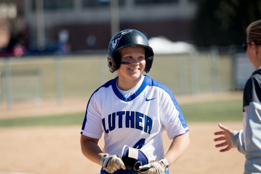 Anna Strien (‘18) rejoices after an RBI she hit during a game against Nebraska Wesleyan in the 2018 season. 