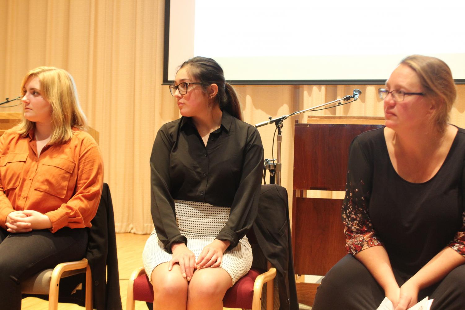 Associate Professor of Political Science Carly Hayden Foster, Elena Pinnow ('21), and Maddy Lomprey ('21) answer audience questions.