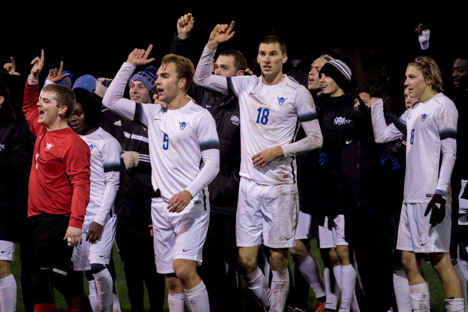 Luther Men’s Soccer celebrates their semifinal win against Wartburg College on Oct. 31.