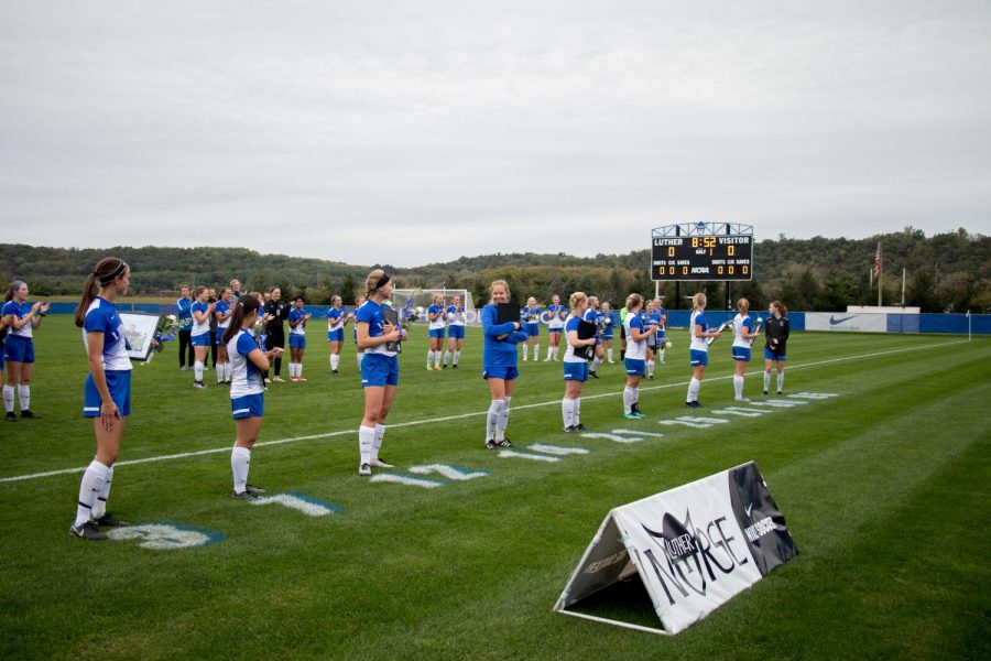 Senior+women%27s+soccer+players+are+honored+before+their+win+over+Buena+Vista+University+on+Sept.+29.