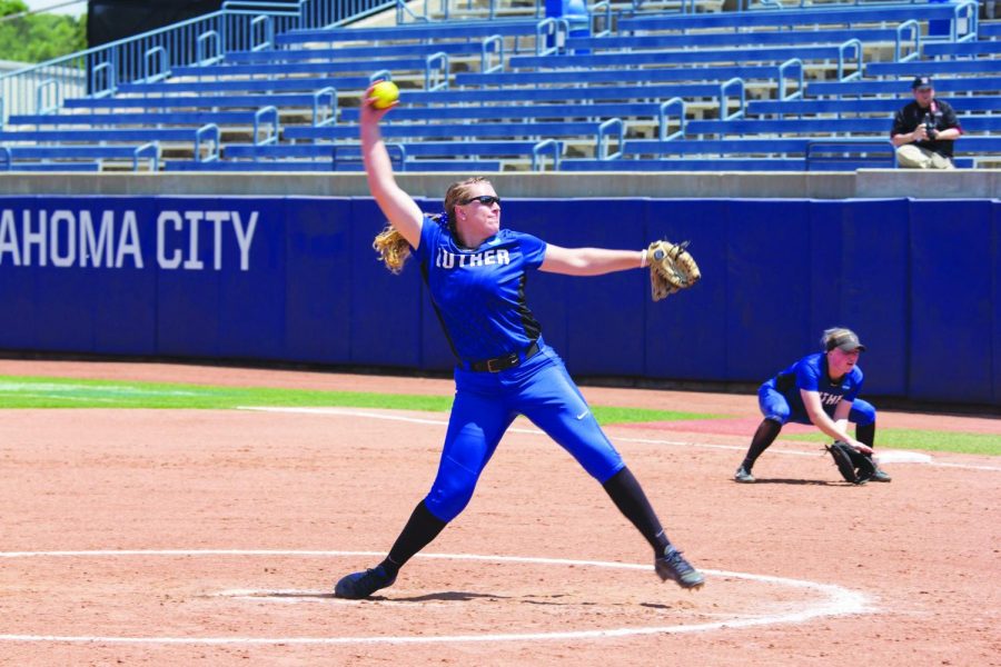 Samantha Bratland (‘19) pitches at a NCAA III Tournament game against MIT on May 24, 2018.