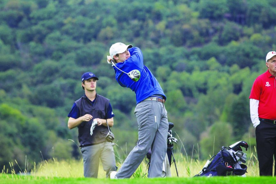 Joe Fewer (‘19) swings at the Viterbo University Ronnie Eastman Invitational on Oct. 1-2, 2018.