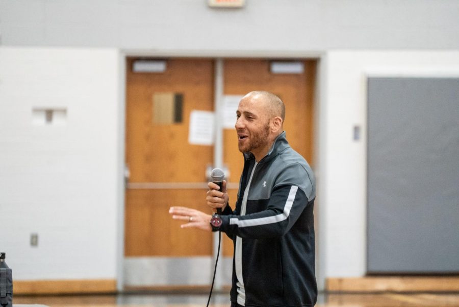 Suicide prevention advocate Kevin Hines shares his story in the Regents Main Gym on Nov. 19.