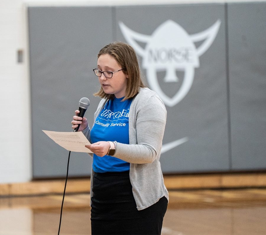 Hannah Wollack (20) introducing Kevin Hines last November.