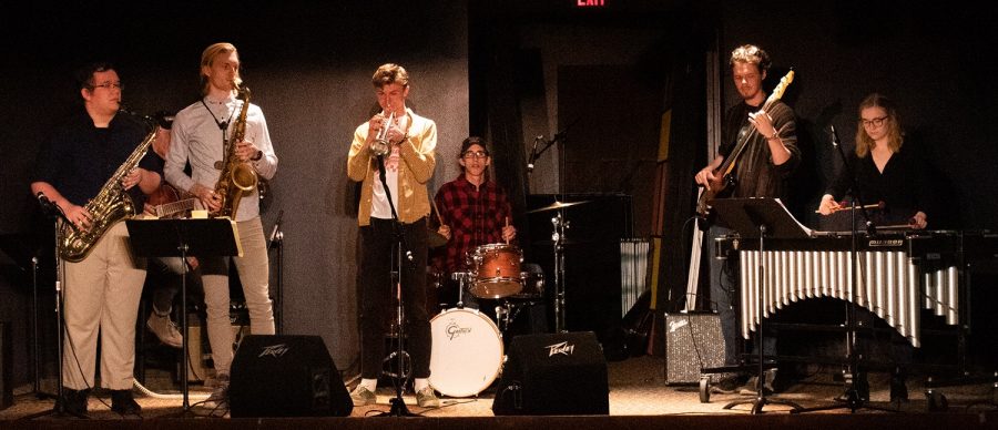 The Jazz Authorities members Sam Lisa ('23), Dane Edwards ('23), Andrew Moore ('21), Elizabeth Hand ('21), and John Miller ('21) perform at KWLC's Jazz and Acoustic night.