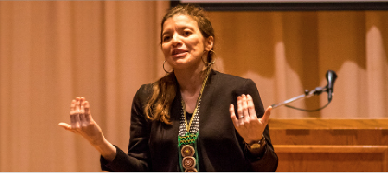 Professor of Anthropology Anita Carrasco was a featured panelist for the forum, and offered her views on Latinx students belonging at Luther. (Pictured here during her Paideia Lecture Culture as Resistance in the Chilean Andes: An Indigenous Communitys Struggle for Rights and Recognition on March 11, 2020).