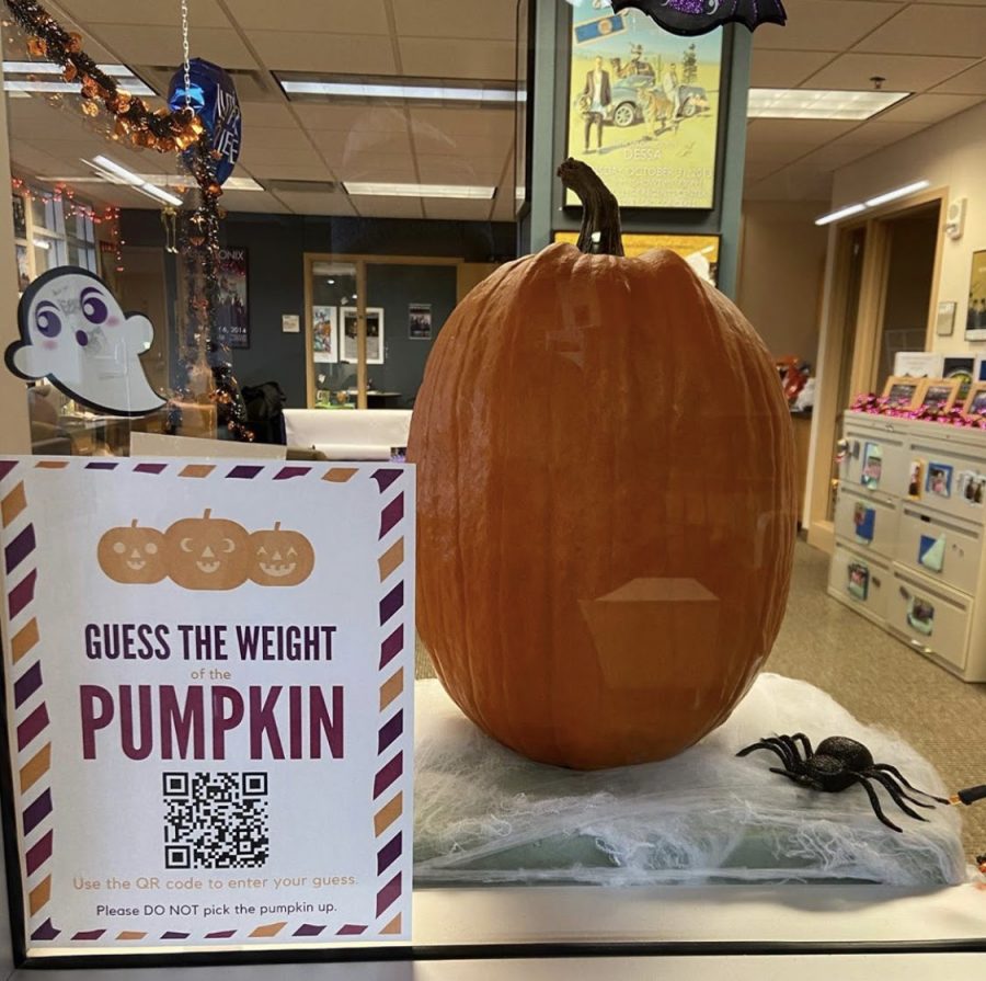 Students could guess the weight of a pumpkin to win a prize.