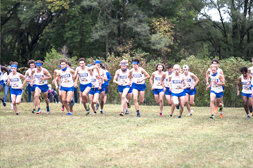 The Luther Men’s Cross Country team starts a triangular race earlier in the season against Wartburg and Dubuque.