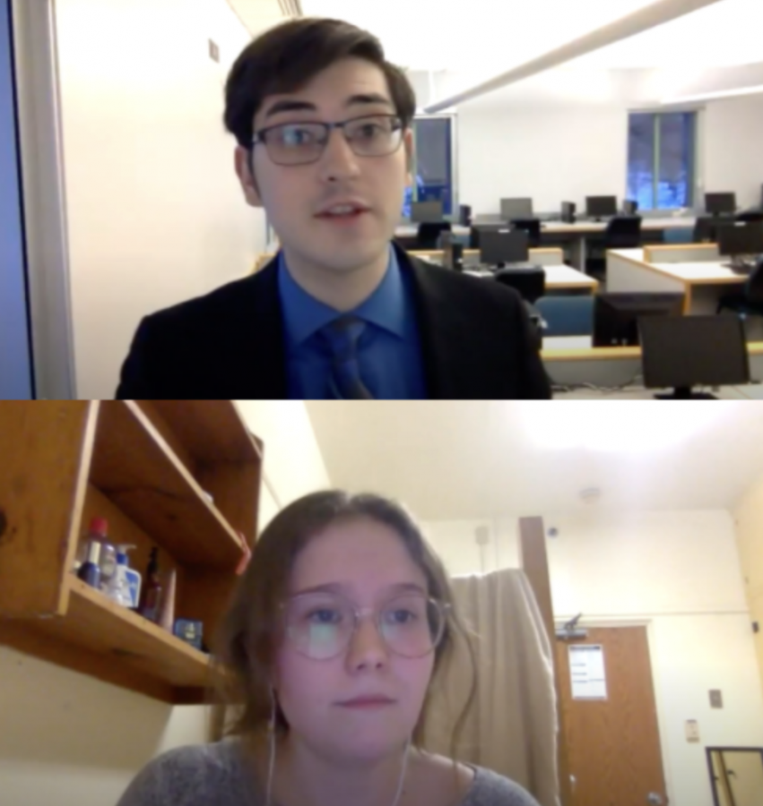 Peter Stelter ('21) (Attorney) and Katie Andreasen ('22) (Witness) run a direct examination for the defense.