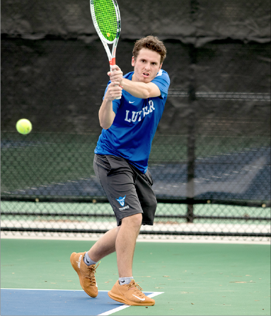 Ryan Ortega (pictured above in a home match from 2019) and partner Sakchham Karki made a big comeback playing No. 3 doubles, winning six games in a row to take the set.