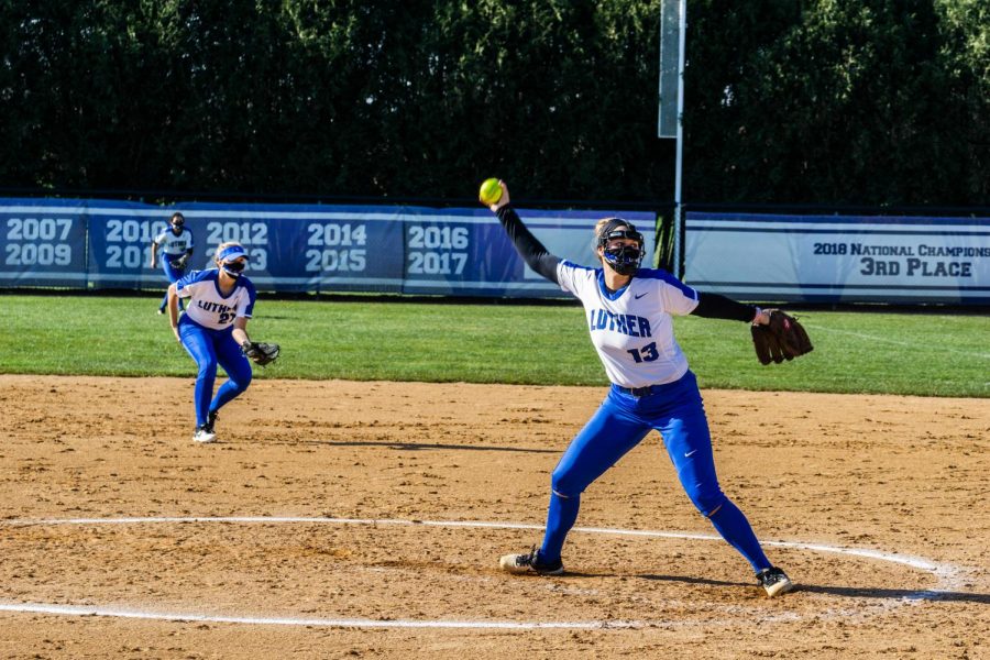  Luther pitcher Abby Gapinski (#13) (22) throws a strike during a fall 2020 practice.