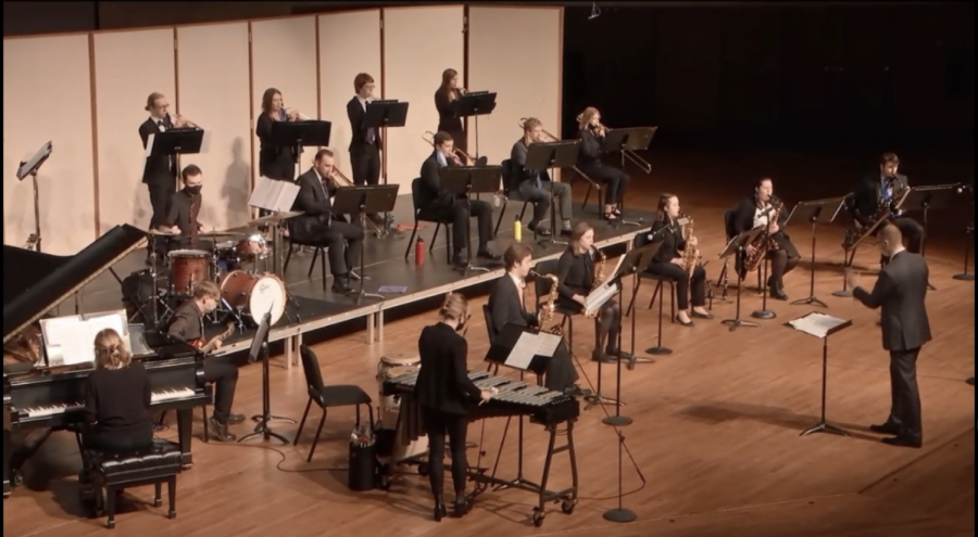 Luther College jazz band performed virtual concert on Saturday, March 6th, in the Center for Faith and Life. Photo courtesy of McKinley Leinweber (24).