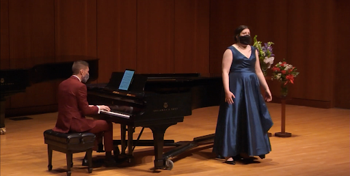 Assistant Professor of Music in Collaborative Piano and Vocal Coaching Nicholas Shaneyfelt (left) accompanies Mikaela Hanrahan (right). Photo courtesy of Jackson Geadelmann ('23) | Chips