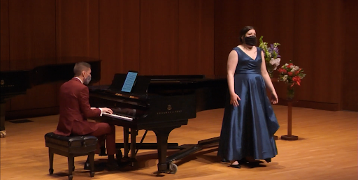 Assistant Professor of Music in Collaborative Piano and Vocal Coaching Nicholas Shaneyfelt (left) accompanies Mikaela Hanrahan (right). Photo courtesy of Jackson Geadelmann (23) | Chips