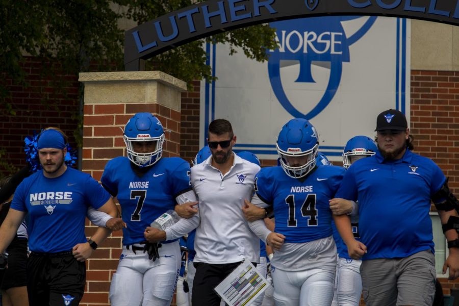 Luther enters Carlson Stadium prior to their game against Dubuque on September 18. Photo from Luther Photo Bureau
