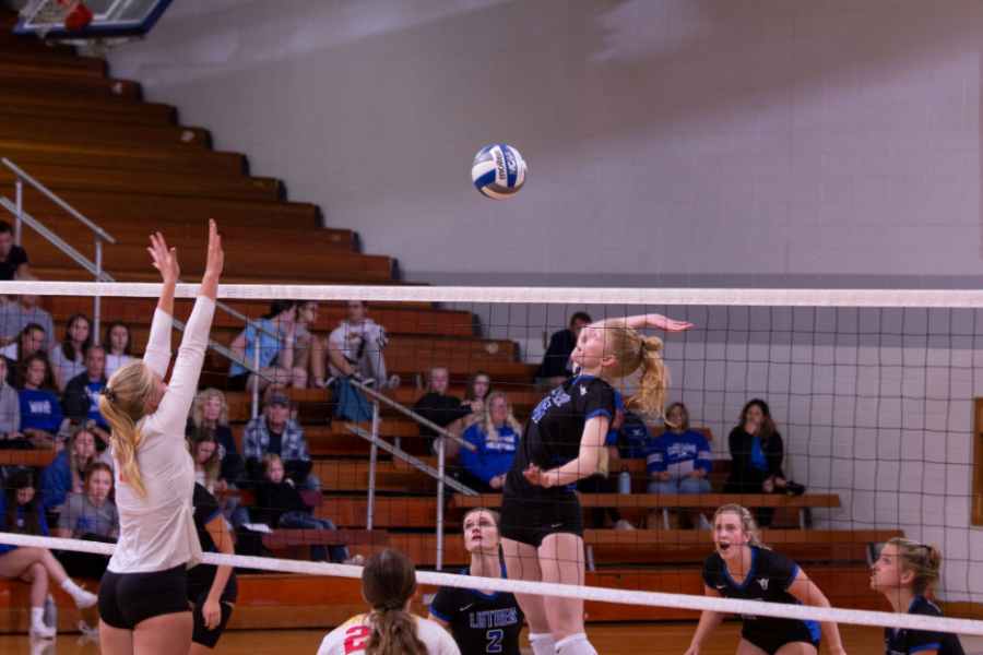 Luther middle blocker Hannah LaBonte (‘25) jumps up for a swing during a match against Simpson College on September 21. (Photo courtesy of Luther College Photo Bureau)  