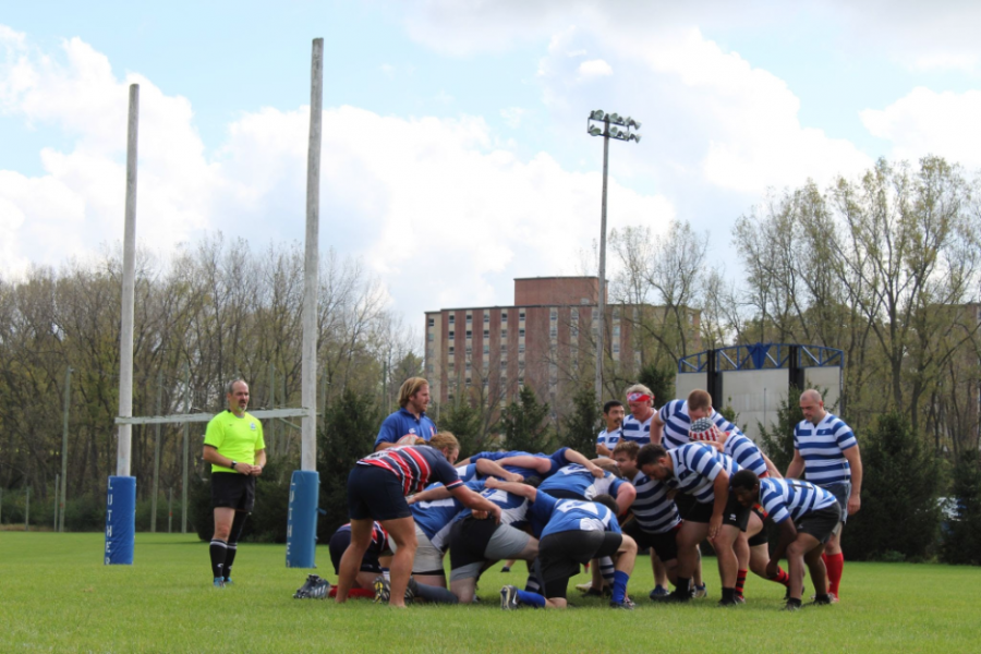 The current Luther rugby players and the “Old Boys” prep for a scrum during their match on Saturday, October 2. (Photo by Cassandra Hultgren)
