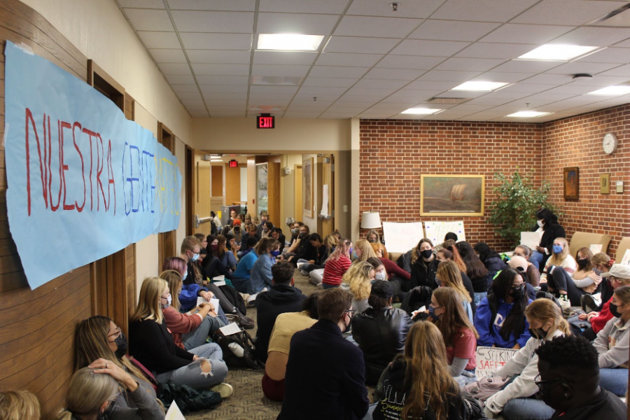 Students gathered on October 27 on the upper floor of Dahl Centennial Union over a hateful message left in the Hostile Terrain 94 exhibition. Photo courtesy of Olivia Schmidt.
