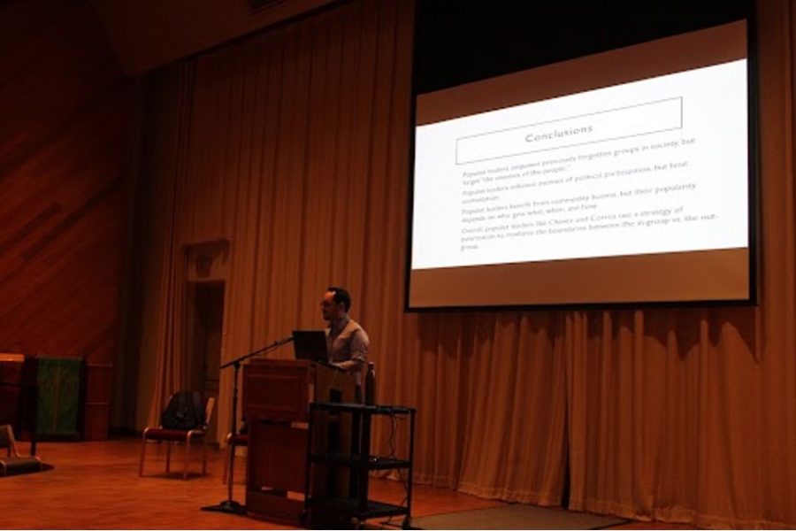 Orçun Selçuk gave his lecture, "Polarizing Populism in Latin America," on Tuesday, November 16, at 6 p.m. in the CFL Recital Hall.					                                             Isabelle Pippert ('23) | CHIPS
