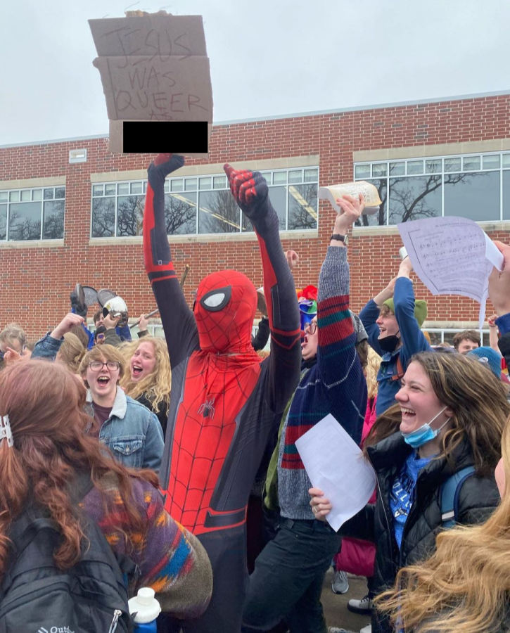 Christian Larsen (‘25) joined many other students at a counter-protest on February 21, dressed head-to-toe in a Spider-Man suit. (Photo courtesy of @norseagainstsexualassault on Instagram)
