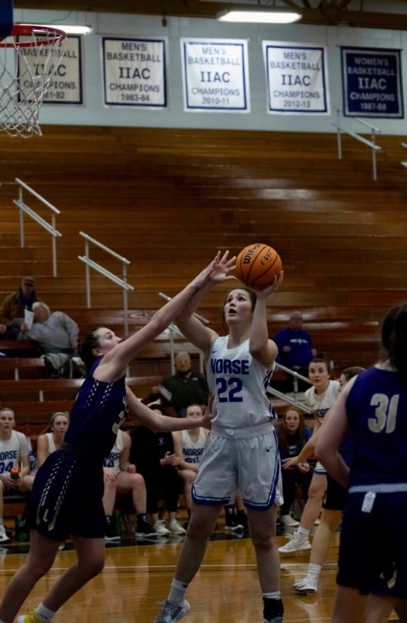 Kailey Jones (‘25) scored for the Norse in their game against Loras on February 9. 
