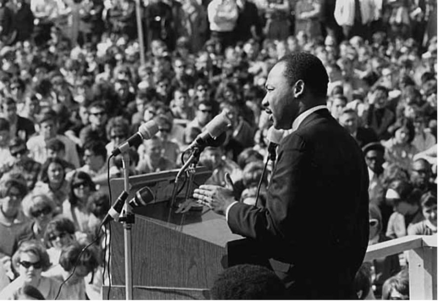 Dr. Martin Luther King Jr. speaks during an anti-Vietnam war rally at the University of Minnesota in 1967. King denounced the Vietnam war many times, including in his famous speech “Beyond Vietnam: A Time to Break Silence” which was presented at Luther on April 4. (Photo courtesy of Minnesota Historical Society)
