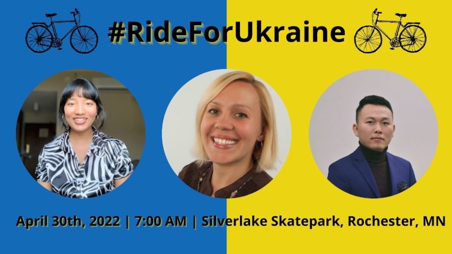  Anita Tamang (‘22, left), Professor Maryna Bazylevych Nading (middle) and Souksakhone Sengsaisouk (‘23, right) are currently organizing a 75-mile bike ride in order to advocate for peace in the country of Ukraine. (Photo courtesy of Anita Tamang and Souksakhone Sengsaisouk)