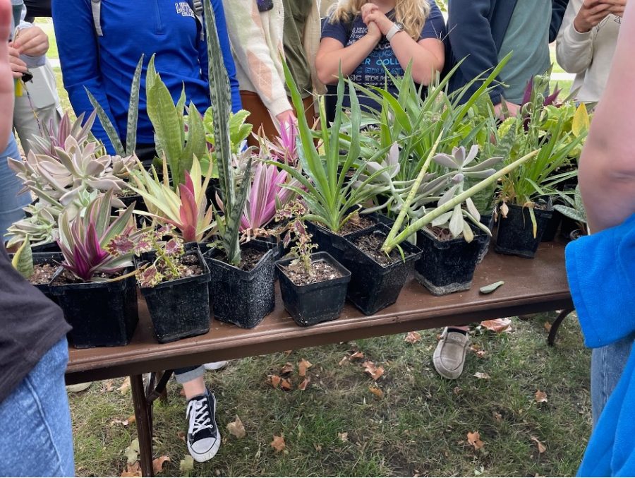 Students rush to pick out their plants at the plant giveaway. Photo by Emilee Burcham-Scofield (‘26).