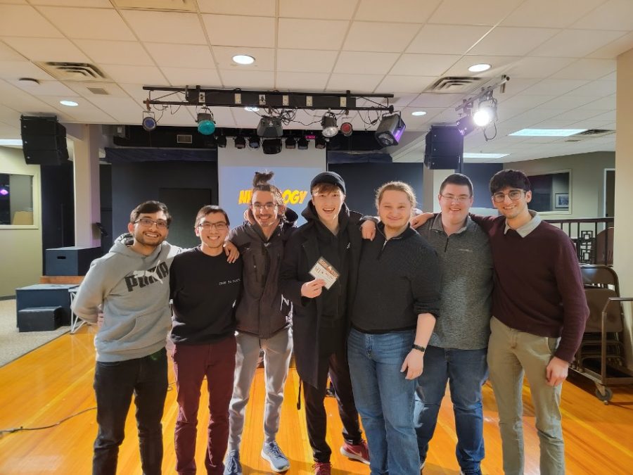 The Nerdology Trivia first place team from left: Soren Basnet (‘25), Michael Burns (‘25), Keagan Larson (‘25), Vincent Buchner (‘25,) Owen Gruenwald (‘25), Noah Arndt (‘25) and Aidan Schultheis (‘25). Photo courtesy of Lydia Marti (‘26).