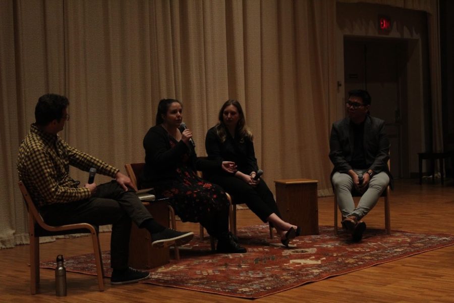 From left to right: panel host Professor of Music Andrew Whitfield, Gillian Constable (‘17), Jaime Webb (‘17), and Luigi Enriquez (‘17). Photo courtesy of Verena Mueller-Baltes (‘26)