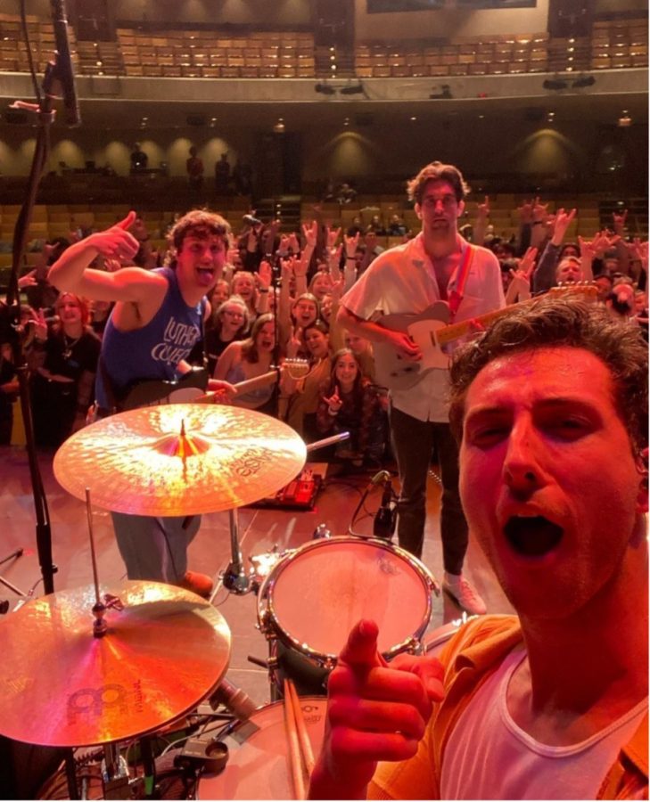 Photo taken on the stage by YAM HAUS drummer during the concert. Featured in the photo are  members Lars Pruitt, Zach Beinlich ,and Jake Felstow. Photo courtesy of YAM HAUS Instagram: @yamhaus
