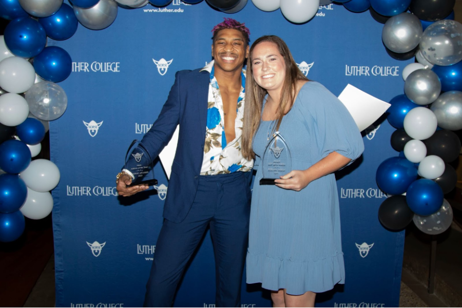 Caption: Male Athlete of the Year Donovan Corn (‘23) and Female Athlete of the Year Kendra Cooper (‘23) pose for a celebratory photo during the 2023 Norse Awards on April 17. Photo courtesy of Luther College Photo Bureau