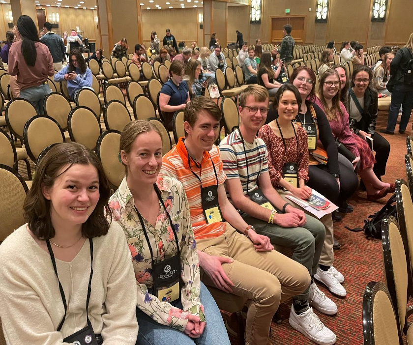 Luther students at the Sigma Tau Delta conference in Denver, March 30, 2023: Grace
James, Addie Craig, Ethan Kober, Scott Rust, Amy Webb, Anastasia Baldus, Mia Irving,
Reagan Anania, and Clara Wodny. Photo courtesy of Martin Klammer. 