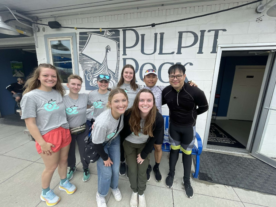 Riders gather at Pulpit Rock Brewery after the ride. Featured from left to right (back): Sadie Pichelmann (‘23), Katie Dore (‘23), Emma Pichelmann (‘25), Souksakhone Sengsaisouk (‘23), and Uddam Chea (‘23). (front): Sydney Clausen (‘23) and Sara Gehling (‘23). Photo courtesy of Sydney Clausen (‘23).
