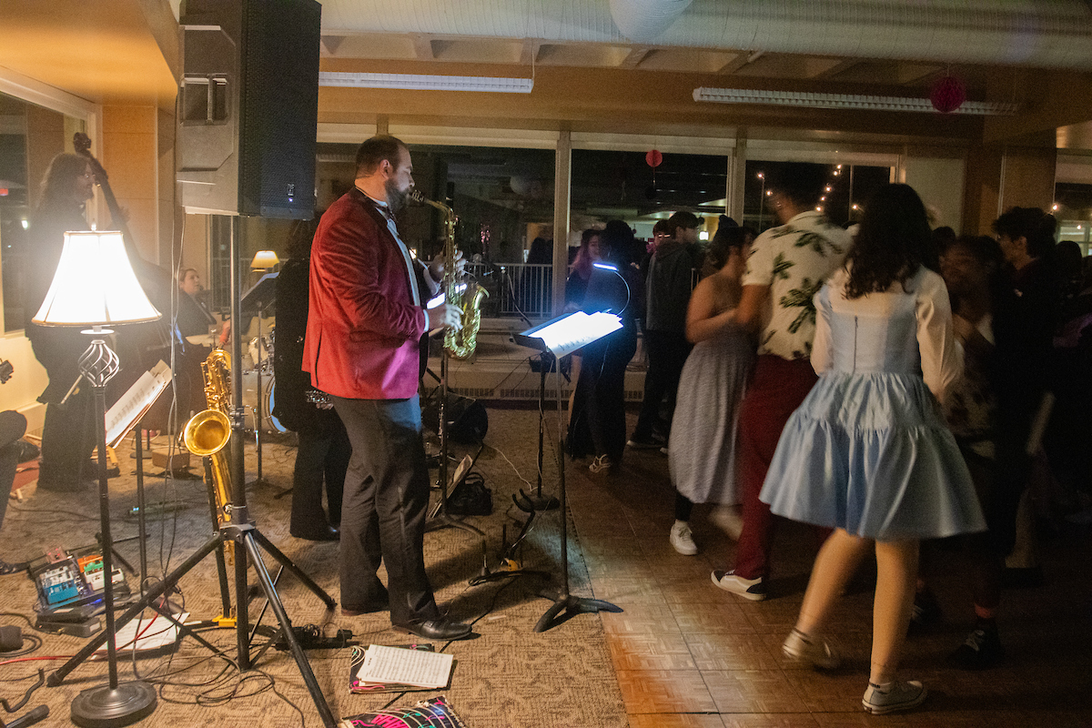 Attendees of the 2023 Flamingo Ball dance to live music from The Sons of Zebedee Doo Dah. Photo courtesy of Luther College Photo Bureau