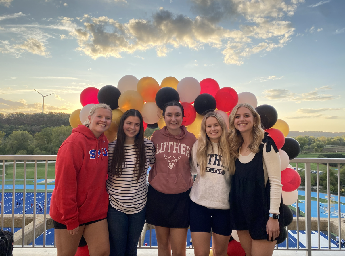 Five out of nine members of Alpha Beta Psi’s Executive Board at their “Fall Tea,” from left to right: Vice President Kelsey Bratland (‘25), Secretary Alexia Murano (‘25), Co-President Quinn Lohse (‘25), Co-President Courtney Landgrebe (‘25), and Recruitment Chair Maddie Kaasa (‘25). Photo courtesy of Alpha Beta Psi