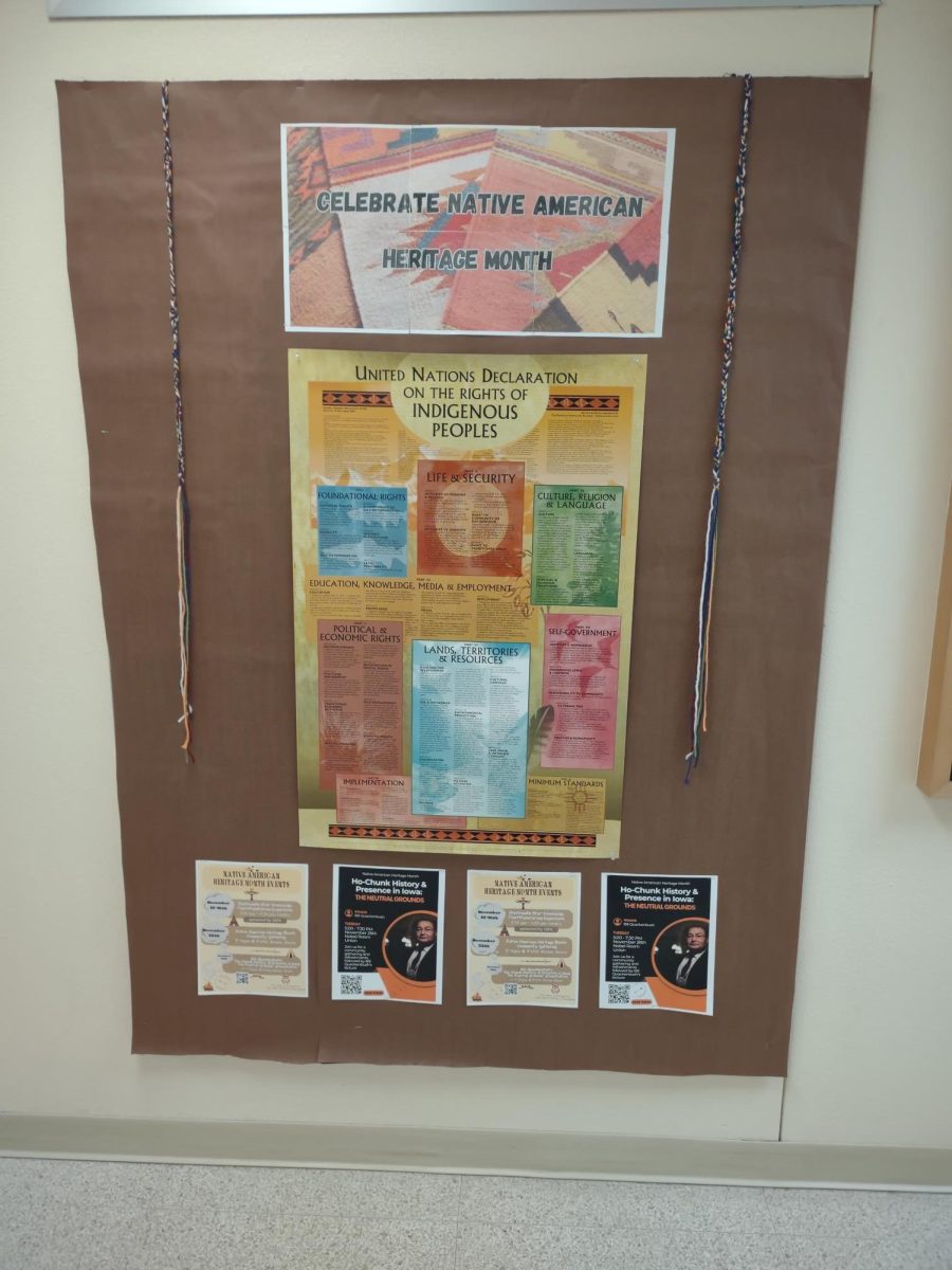 A display board outside the CIES office with information about Native American Heritage Month and related events.